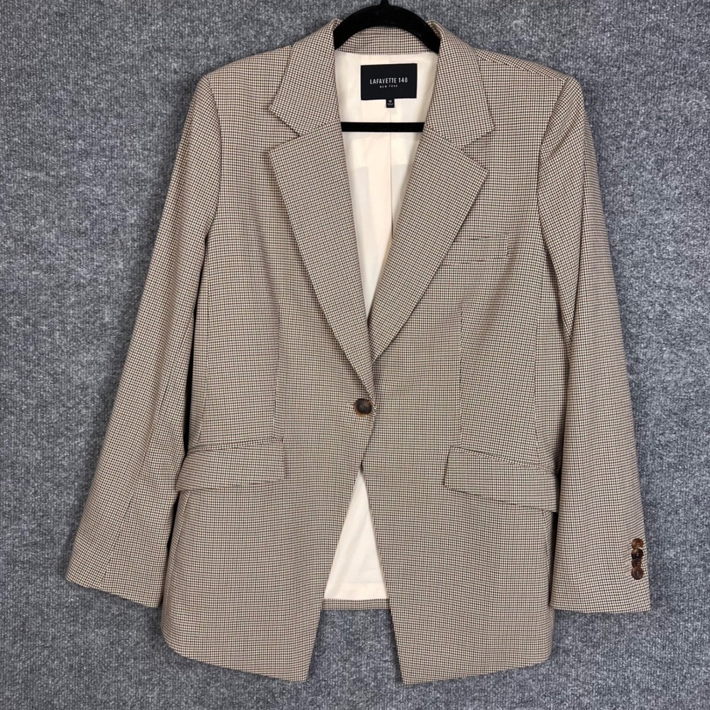 Lafayette 148 Blazer Womens 12 Brown Houndstooth One Button Wool Blend